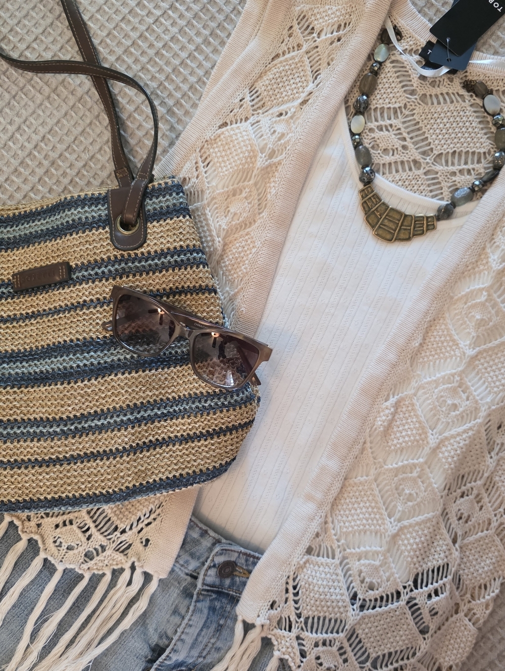 Torrid  Cotton Crochet Fringe Vest Sz 1 (1X) Cream Boho Festival Open Knit NWT
